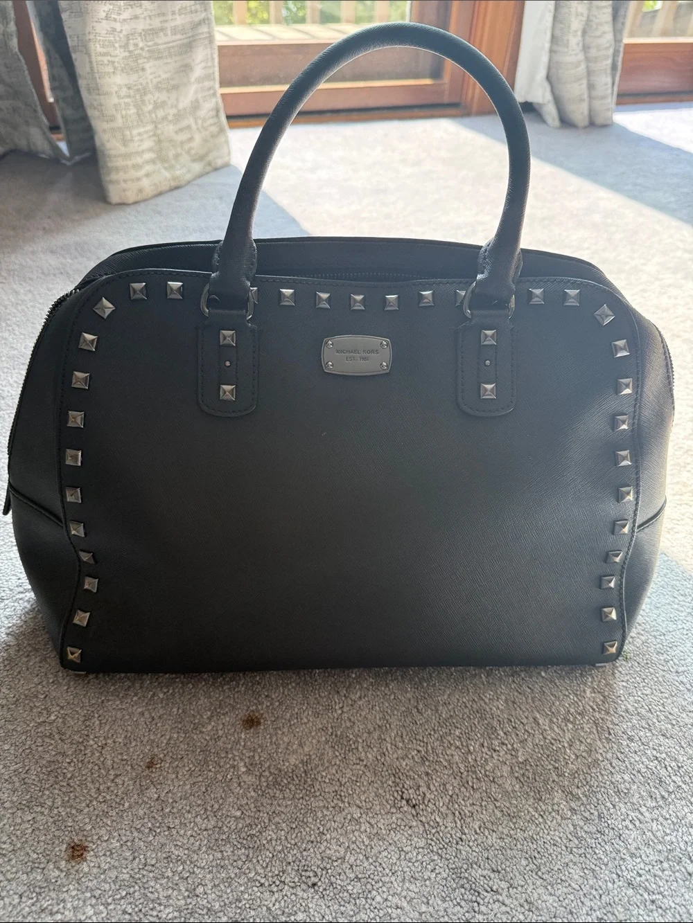 Michael Kors Black Studded Leather Satchel with Silver Hardware
